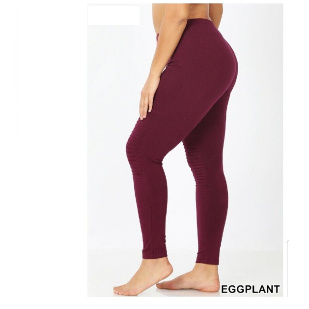 Plus Size Full Length WIDE WAISTBAND MOTO LEGGINGS EGGPLANT